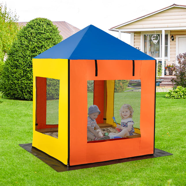Kids Wooden Sandbox with Canopy Large Sand Pit with Mesh Windows and Bottom Liner-Multicolor