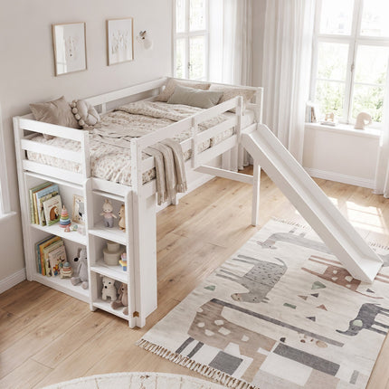Twin Loft Bed Frame with Slide and Ladder - White