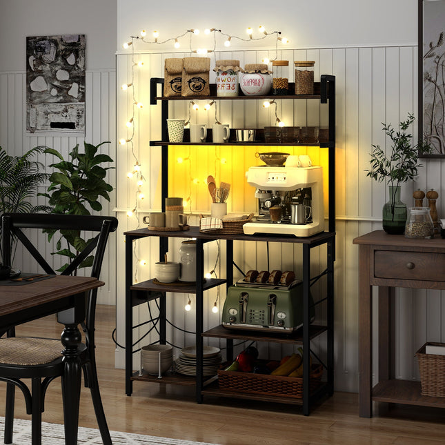Kitchen Bakers Rack with Power Outlet 5-Tier Microwave Oven Stand with LED Lights