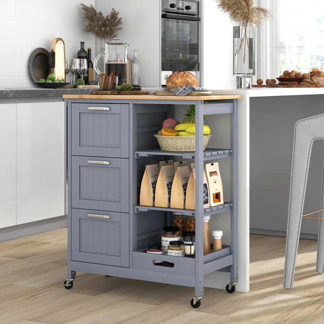 Kitchen Island Cart on Wheels with Rubber Wood Top and 3 Drawersand Removable Tray