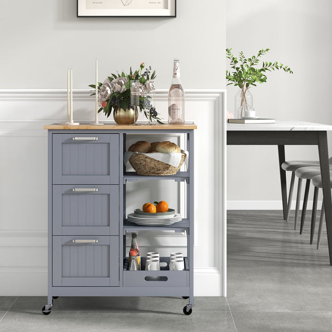 Kitchen Island Cart on Wheels with Rubber Wood Top and 3 Drawersand Removable Tray