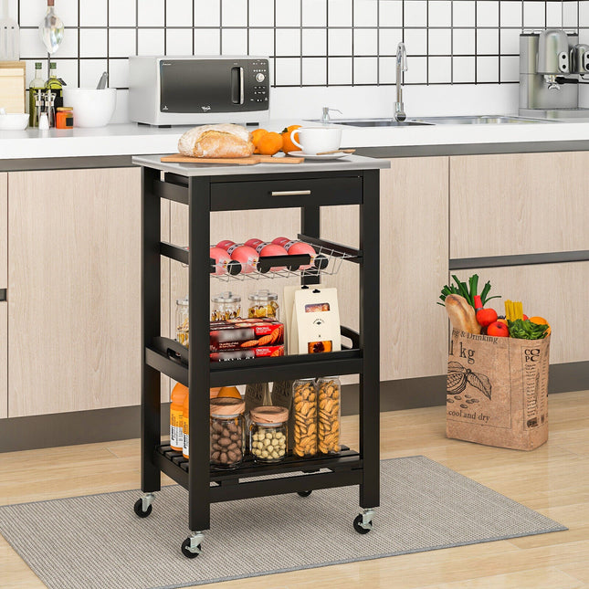 Kitchen Island Cart with Stainless Steel Tabletop and Basket