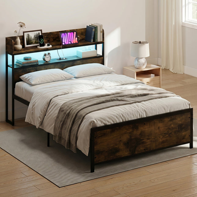 Queen LED Bed Frame with Power Outlets and Storage Headboard