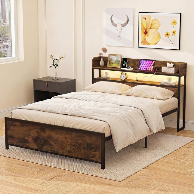 Queen LED Bed Frame with Power Outlets and Storage Headboard