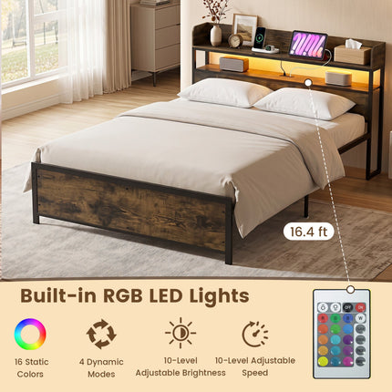 Queen LED Bed Frame with Power Outlets and Storage Headboard