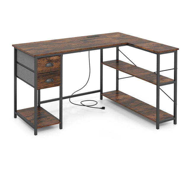 L Shaped Desk with Charging Station Corner Computer Desk with 2 Fabric Drawers