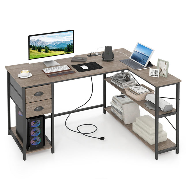 L Shaped Desk with Charging Station Corner Computer Desk with 2 Fabric Drawers