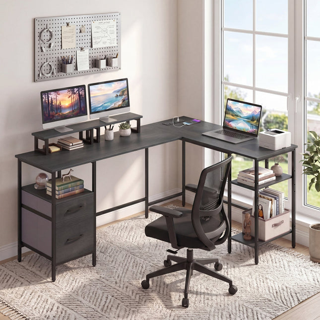 L Shaped Desk with Power Outlet Reversible Computer Desk with Monitor Stands