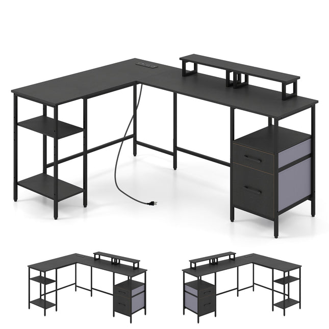 L Shaped Desk with Power Outlet Reversible Computer Desk with Monitor Stands