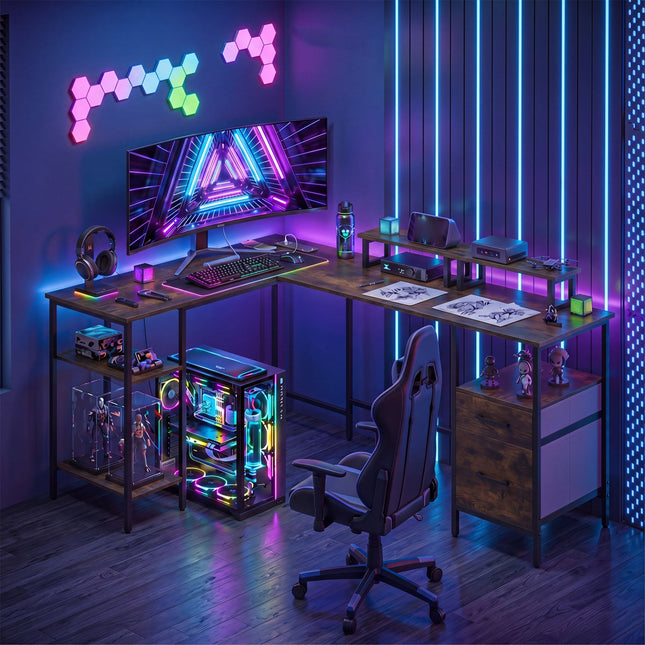 L-Shaped Desk with Power Outlet and Monitor Stands