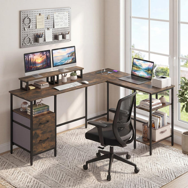 L-Shaped Desk with Power Outlet and Monitor Stands