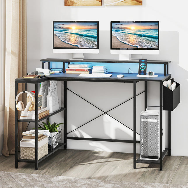 L-Shaped Gaming Desk with LED Lights and Power Outlets