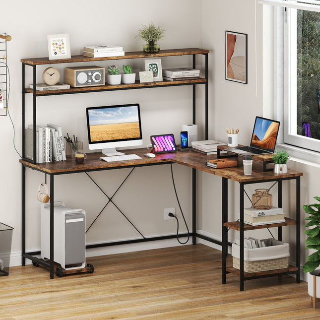 L-Shaped Reversible Gaming Desk with LED Strip and Power Outlets Hutch Monitor Stand