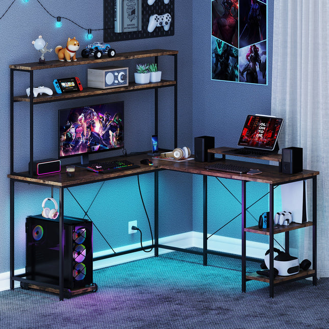 L-Shaped Reversible Gaming Desk with LED Strip and Power Outlets Hutch Monitor Stand