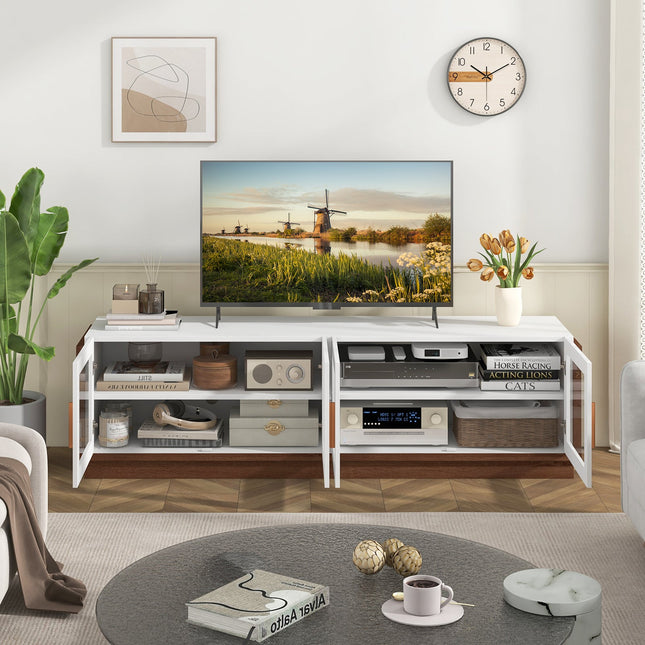 Large TV Stand for TVs up to 75 Inch with 4 Tempered Glass Doors for Living Room