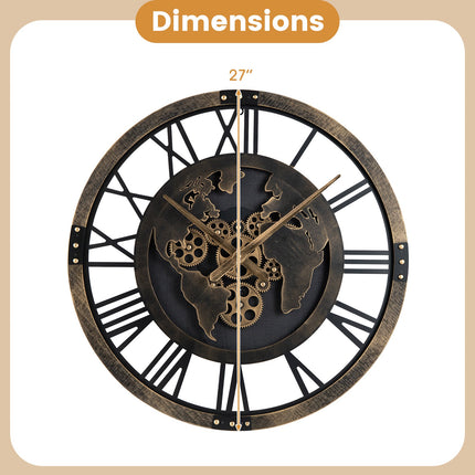 Large Wall Clock 27" Gear Clock with World Map-Brown