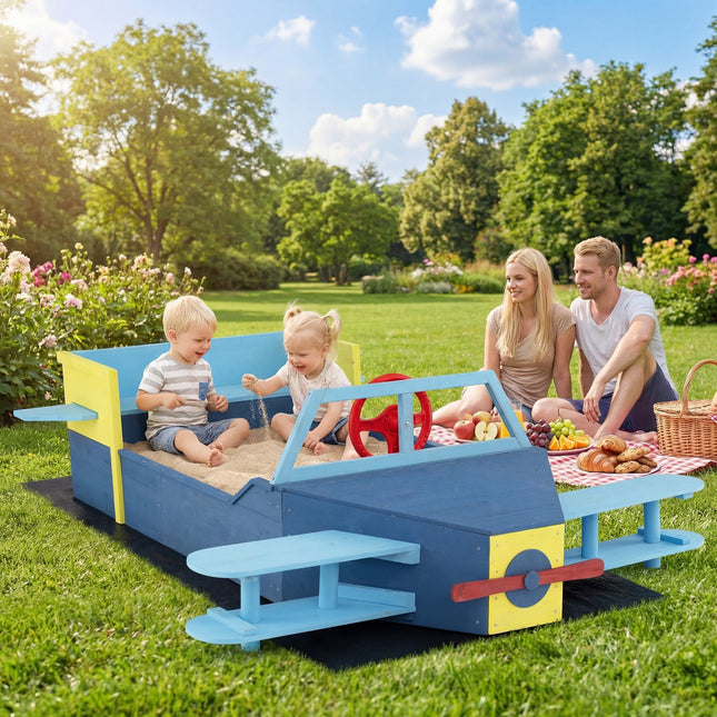 Large Wooden Kids Sandbox with Bottom Liner and Bench Seat