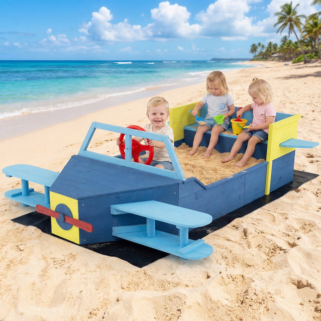 Wooden Airplane Sandbox with Bench Seat and Bottom Liner
