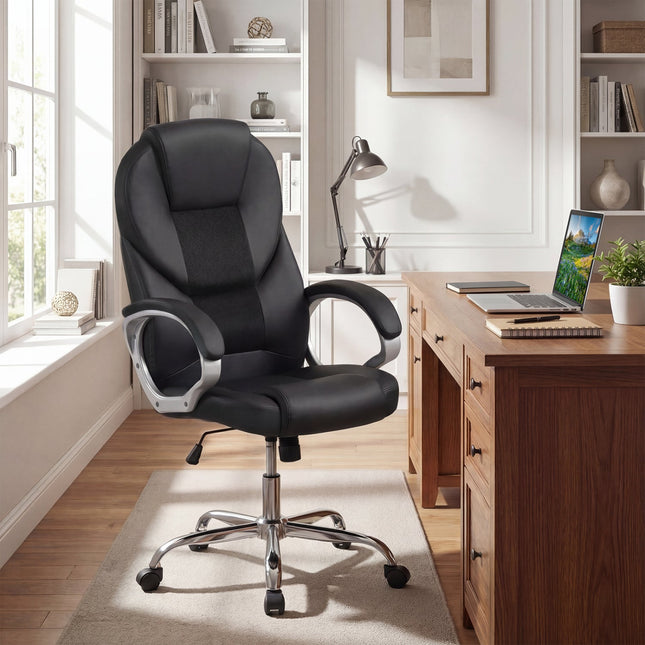 Leather Office Chair Ergonomic Mesh Executive Chair with Padded Armrests and Rocking Backrest
