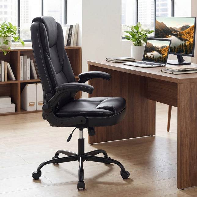 Leather Office Chair Ergonomic Computer Desk Chair with Flip-up Armrests Rocking Function