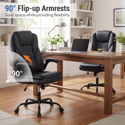 Leather Office Chair Ergonomic Computer Desk Chair with Flip-up Armrests Rocking Function