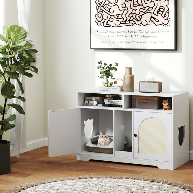 43 Inches Cat Litter Box Enclosure with Storage and Double Rooms-White