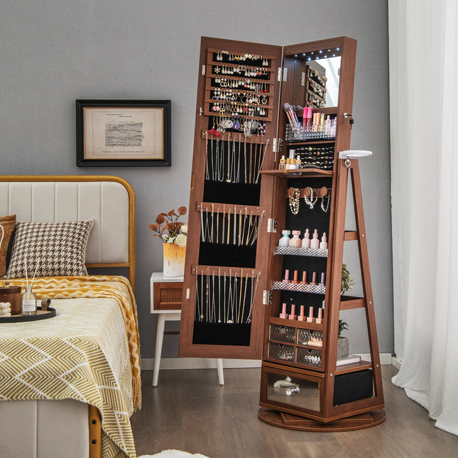 Lockable 360° Swivel Jewelry Cabinet with Full-Length Mirror LED Lights