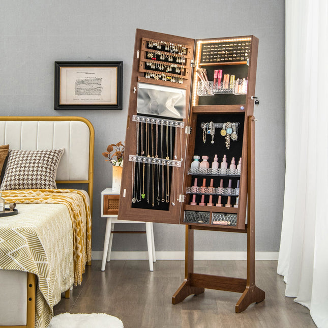 Lockable Jewelry Armoire Standing Cabinet with Lighted Full-Length Mirror