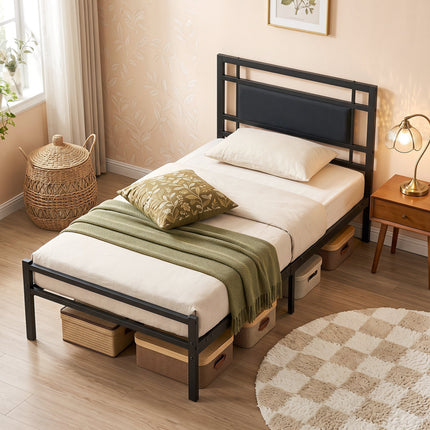 Twin Metal Bed Frame with Upholstered Headboard