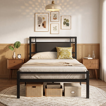 Twin Metal Bed Frame with Upholstered Headboard