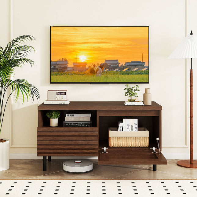 Mid Century Fluted TV Stand for 40 Inch TV Modern Entertainment Center with Open Compartment-Walnut