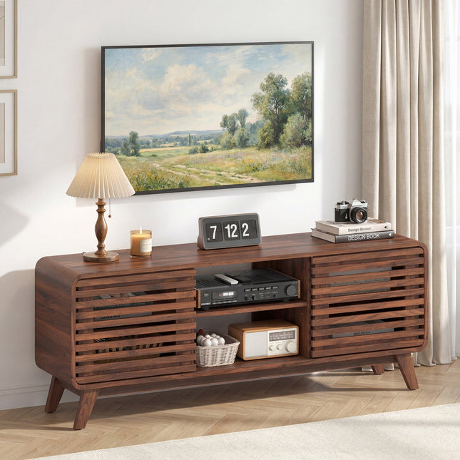 Mid Century Modern Entertainment Center with Grille-style Sliding Doors for Living Room