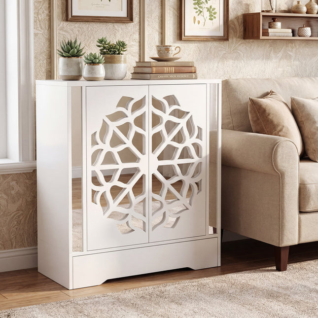 Mirrored Shoe Cabinet 4-Tier Shoe Organizer with Large Drawer-White