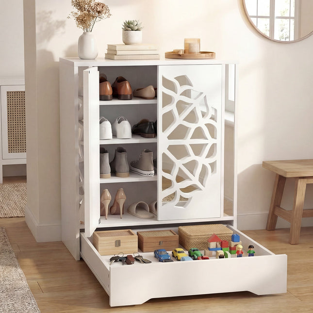 Mirrored Shoe Cabinet 4-Tier Shoe Organizer with Large Drawer-White