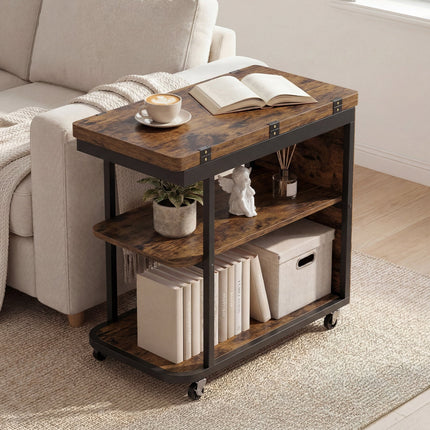 Mobile Side Table with Foldable Swivel Top and 2-Tier Shelf