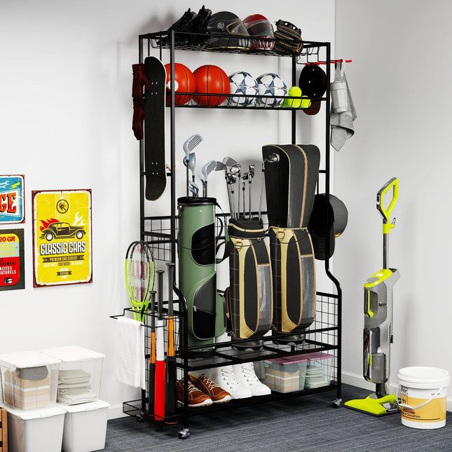 Mobile Sports Equipment Organizer with Golf Bags Storage and Club Rack