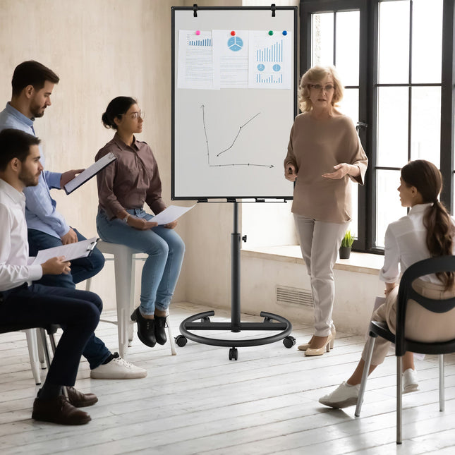 Height-Adjustable Mobile Whiteboard with Round Stand Paper Clips
