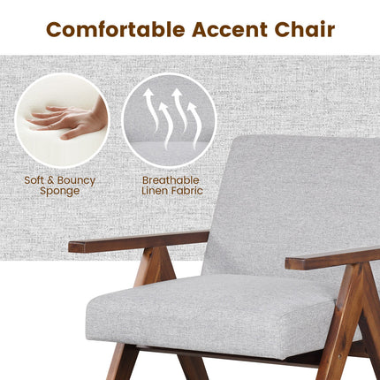 Modern Accent Chair Linen Fabric Armchair with Solid Acacia Wood Frame