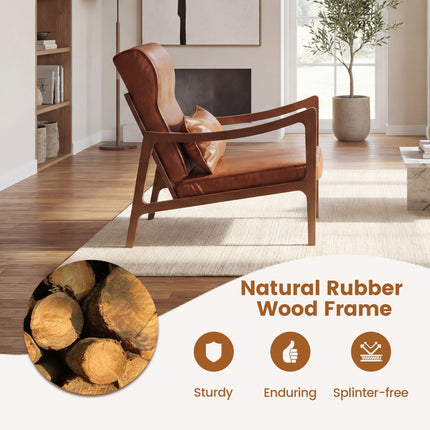 Modern Accent Chair with Solid Rubber Wood Faux Leather Upholstered Armchair