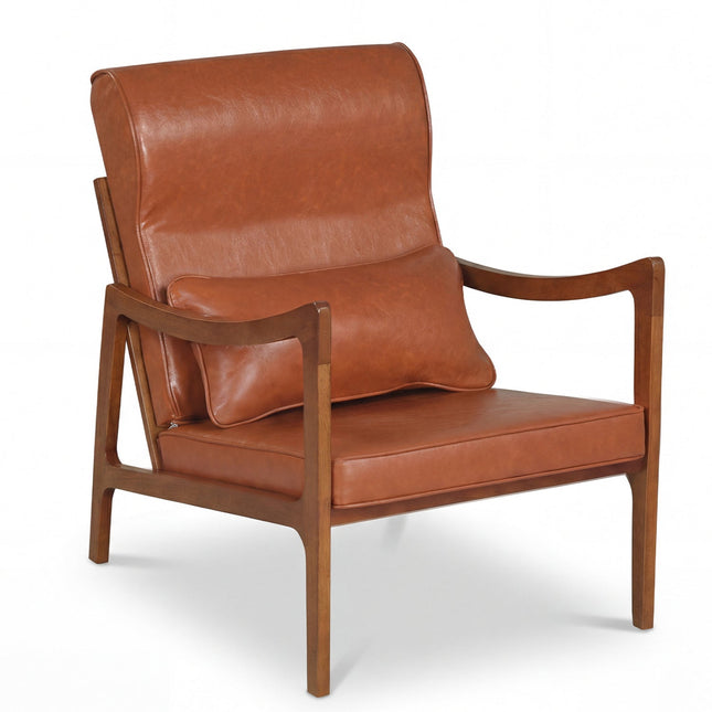 Modern Accent Chair with Solid Rubber Wood Faux Leather Upholstered Armchair