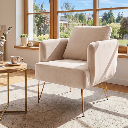 Velvet Accent Chair with Gold Metal Legs and Back Cushion