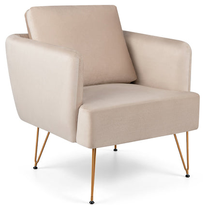 Velvet Accent Chair with Gold Metal Legs and Back Cushion