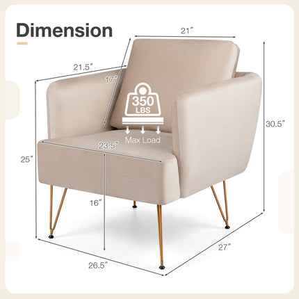 Velvet Accent Chair with Gold Metal Legs and Back Cushion