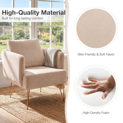 Velvet Accent Chair with Gold Metal Legs and Back Cushion