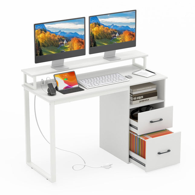 Modern Computer Desk with Power Outlets and File Drawer