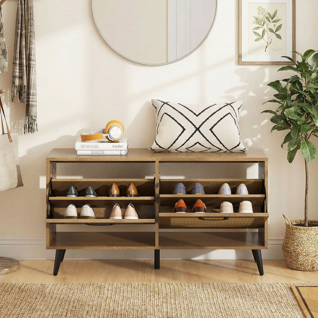 Modern Freestanding Shoe Cabinet with 2 Flip Drawers and Adjustable Shelves for Entryway-Natural