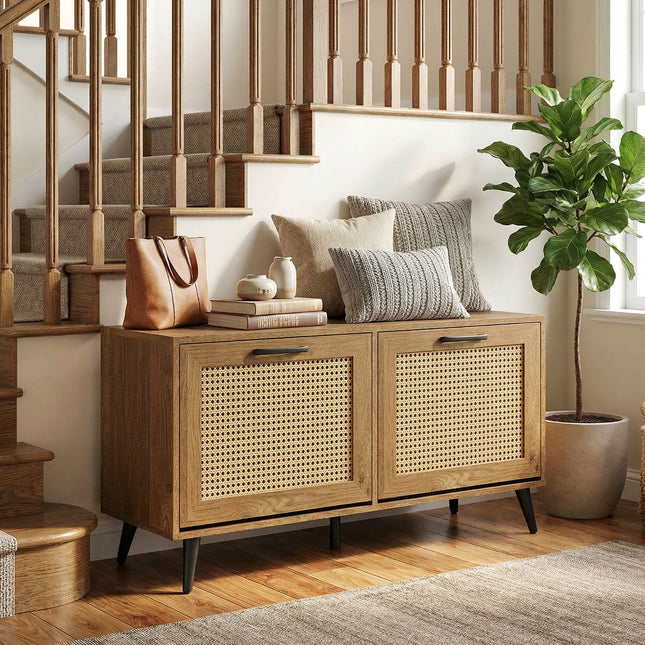 Modern Freestanding Shoe Cabinet with 2 Flip Drawers and Adjustable Shelves for Entryway-Natural
