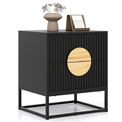 Modern Mid Century Fluted Nightstand with 2 Drawers and Pine Wood Handles for Bedroom