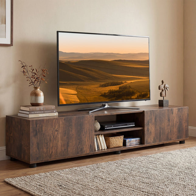 Modern TV Stand for up to 70" TVs Minimalist Entertainment Center with 2 Doors and Open Shelves-Rustic Brown