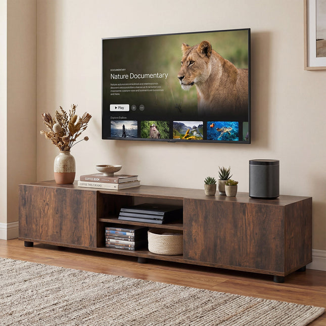Modern TV Stand for up to 70" TVs Minimalist Entertainment Center with 2 Doors and Open Shelves-Rustic Brown
